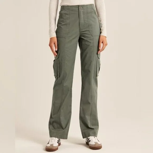 Abercrombie Relaxed Cargo Pants Wide Leg Baggy Grunge High Rise Olive Green 25 - Picture 2 of 11